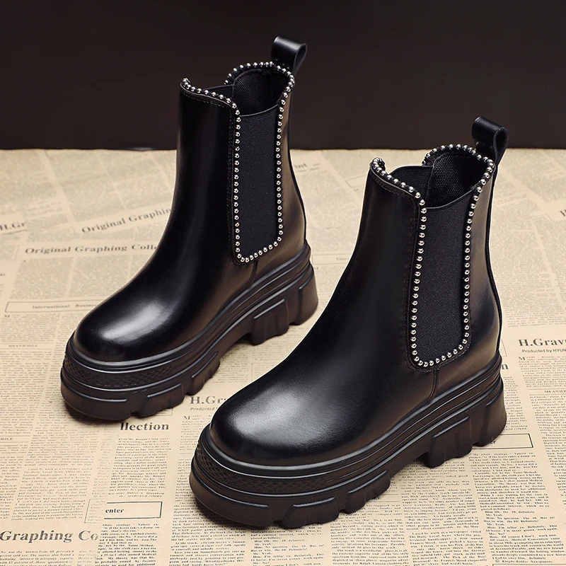 Женские ботильоны без шнуровки Goth повседневные кожаные ботинки на платформе 9 см