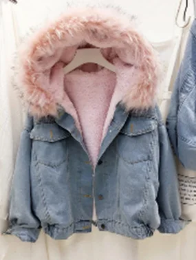 

New Korean style thickened plush fur collar denim coat in winter of 2019