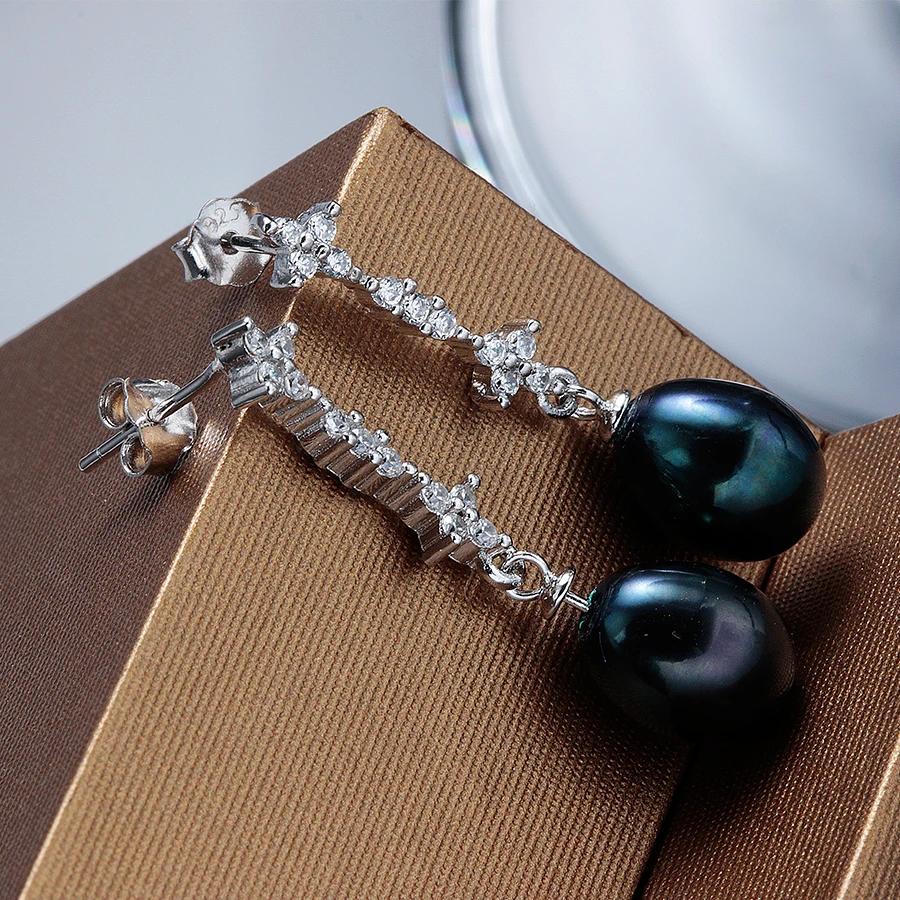 

100% Natural Freshwater Pearl Drop Earrings Silver 925 Long Earrings Zircon Wedding Jewelry New