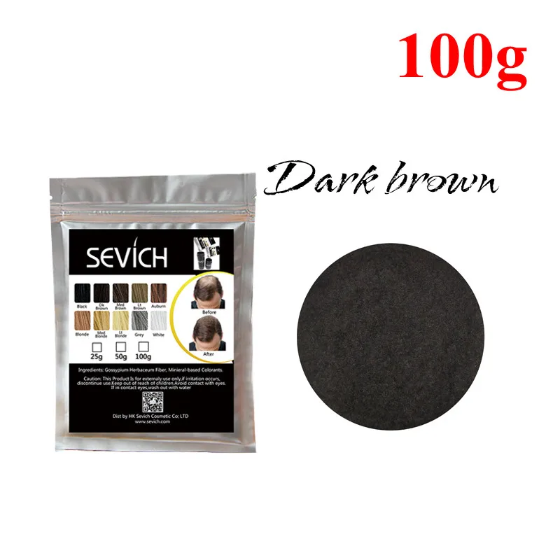 Dark brown-100g Кератиновые волокна против потери волос от Sevich, 100 г, 10 цветов, волокна для волос, волокна для роста волос, восстановление волос, консилер, спрей, продукт для ухода за волосами, 50 г - Color: Dark brown-100g