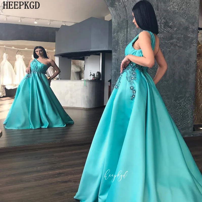 Aqua/длинное вечернее платье на одно плечо с блестками и бусинами атласное для