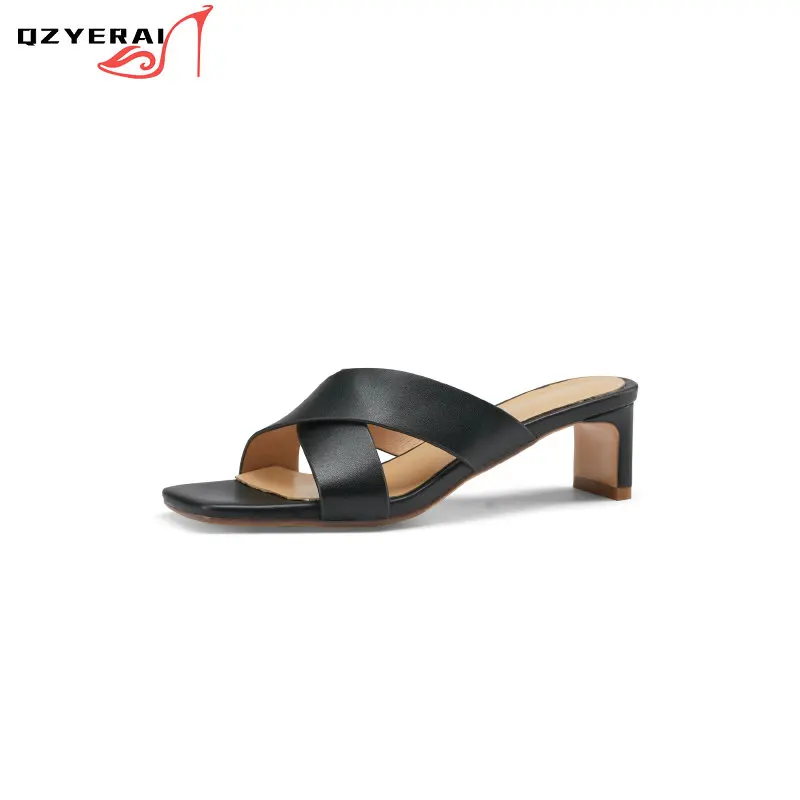 

2021 Summer Europe Genuine Leather Women Slippers Fashion Sandals Sexy Party Shoes Cowhide Women Slippers