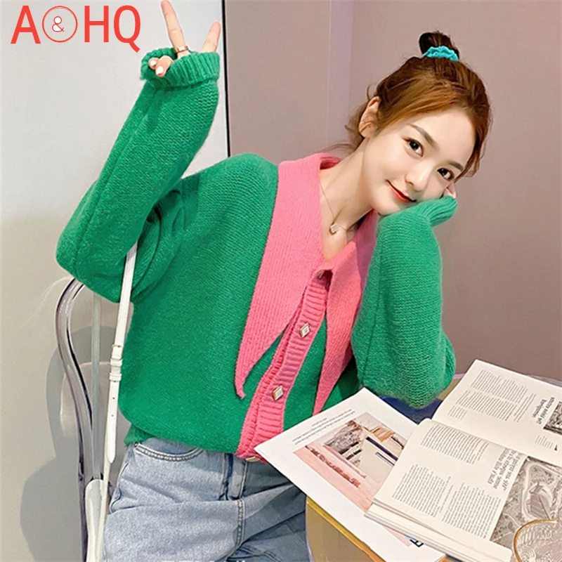 

Women's Sweater Coat Women's 2021 Autumn New Color Matching Lapel Knitted Cardigan