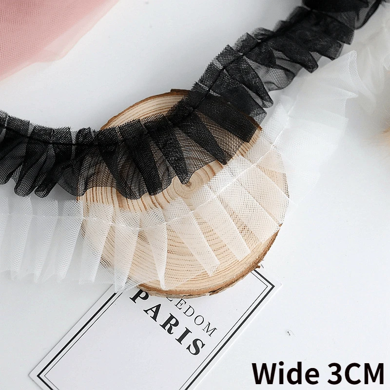 

3CM Wide White Black Mesh 3D Pleated Fabric Lace Fringe Ribbon Neckline Cuffs Edge Trim Dolls Pets Clothes Garment Sewing Decor