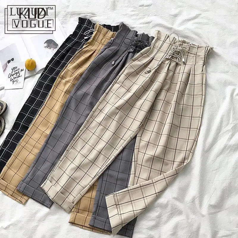 Женские клетчатые брюки в японском стиле Харадзюку повседневные с высокой