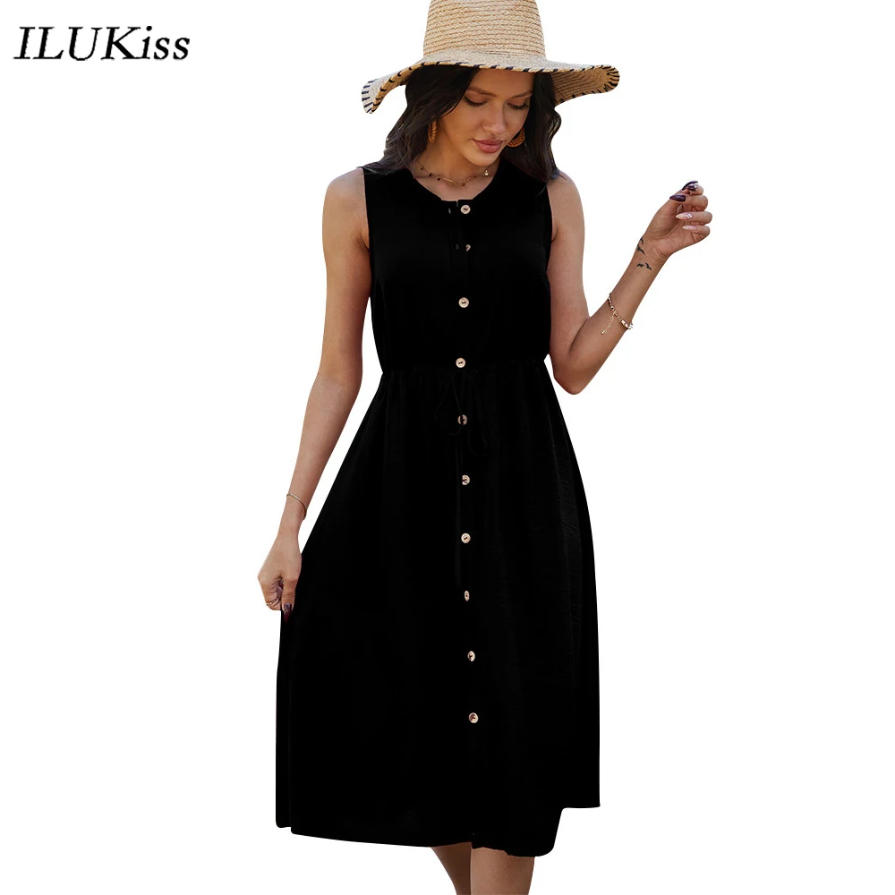 

2021 Fashion Woman Sleeveless Midi Dress Summer O neck Solid Black Pink Button Dresses For Women Casual Elegant Lace Up Clothing