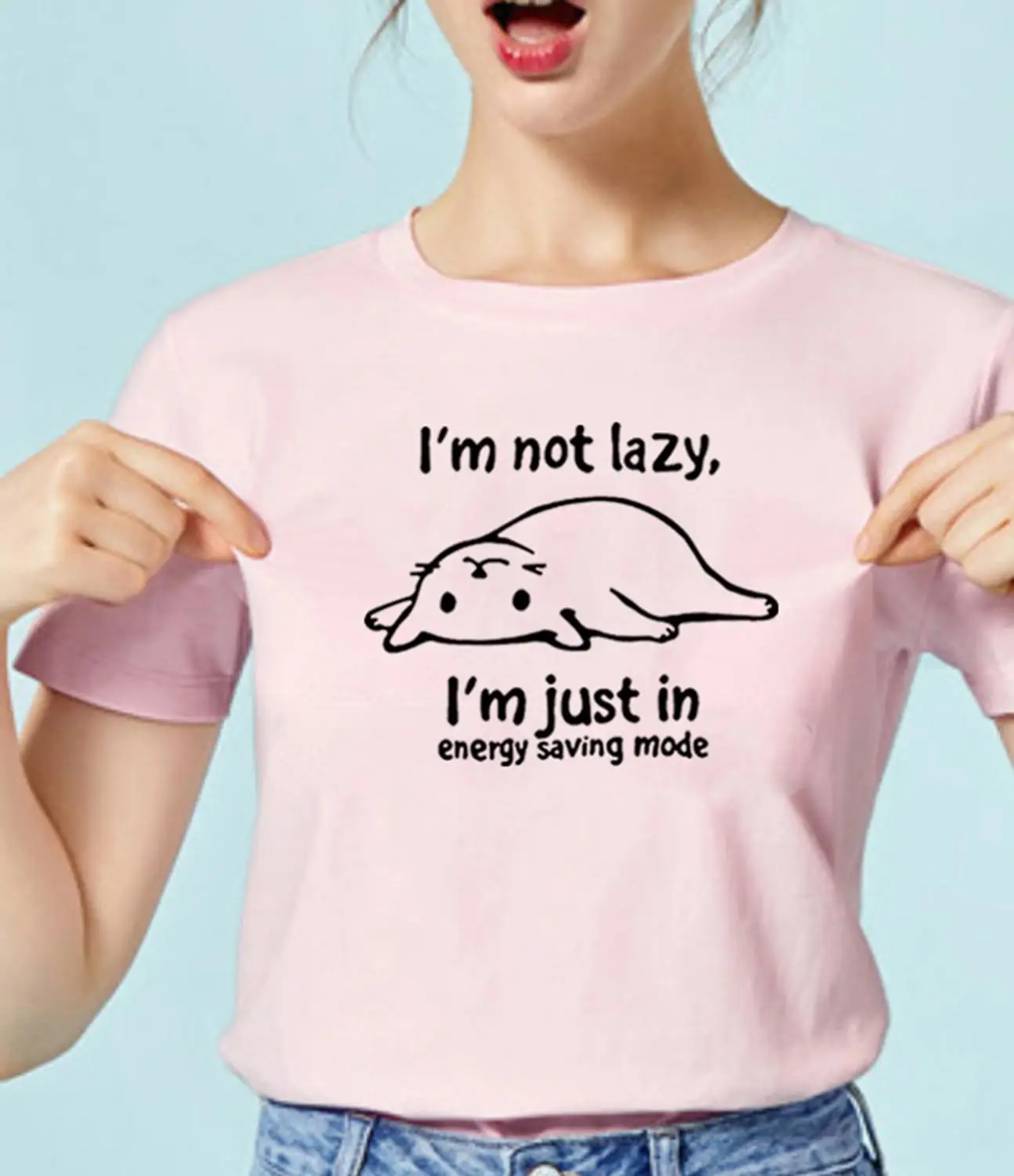 

Im Not Lazy Cat Tee Shirt Femme O-neck Short Sleeve Funny T Shirt Women Loose Tshirts Cotton Women Pink Graphic Tees Women Top