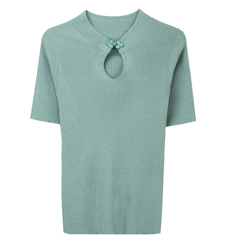 

YISU 2021 Fashion Women Sweater Summer Solid color Cheongsam collar Short sleeve Loose Jumper Female Casual Knitted Pullover