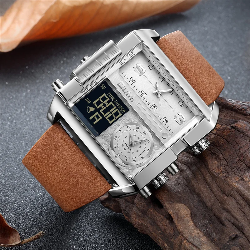 

Oulm New Top Brand Luxury Fashion Men's Watches Genuine Leather Strap Sport Square Digital Analog Big Quartz Watch for Men