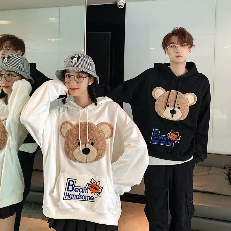 Bear Pattern Long Sleeve Hoodie Couple Wear Oversized Korean Winter Long Sleeve Hoodie Harajuku