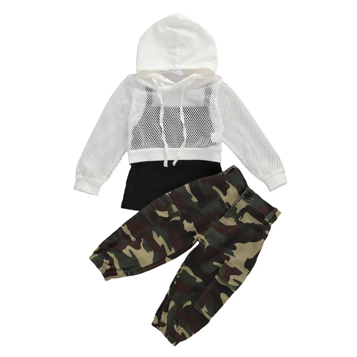 

2020 Toddler Sport 3pcs Baby Girl 1T-6T Clothes Black Vest+Mesh Long Sleeve Hooded Crop Tops+Camouflage Long Pants Kids Outfits