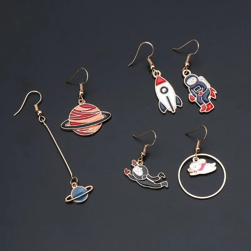 

Cartoon Enamel Planet Astronaut Moon Earrings Cute Asymmetrical Dangle Earrings