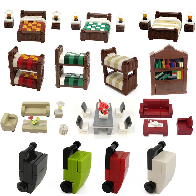 Городские строительные блоки MOC чемодан стол диван кровать книжная полка