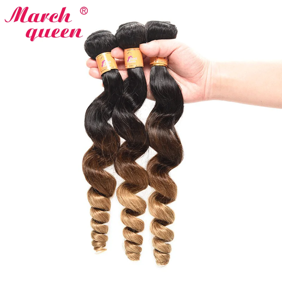 

Marchqueen Pre-colored 1b/4/27 Honey Brown Indian Loose Wave Human Hair Bundles 3/4pcs Ombre Remy Hair Extensions Human Hair