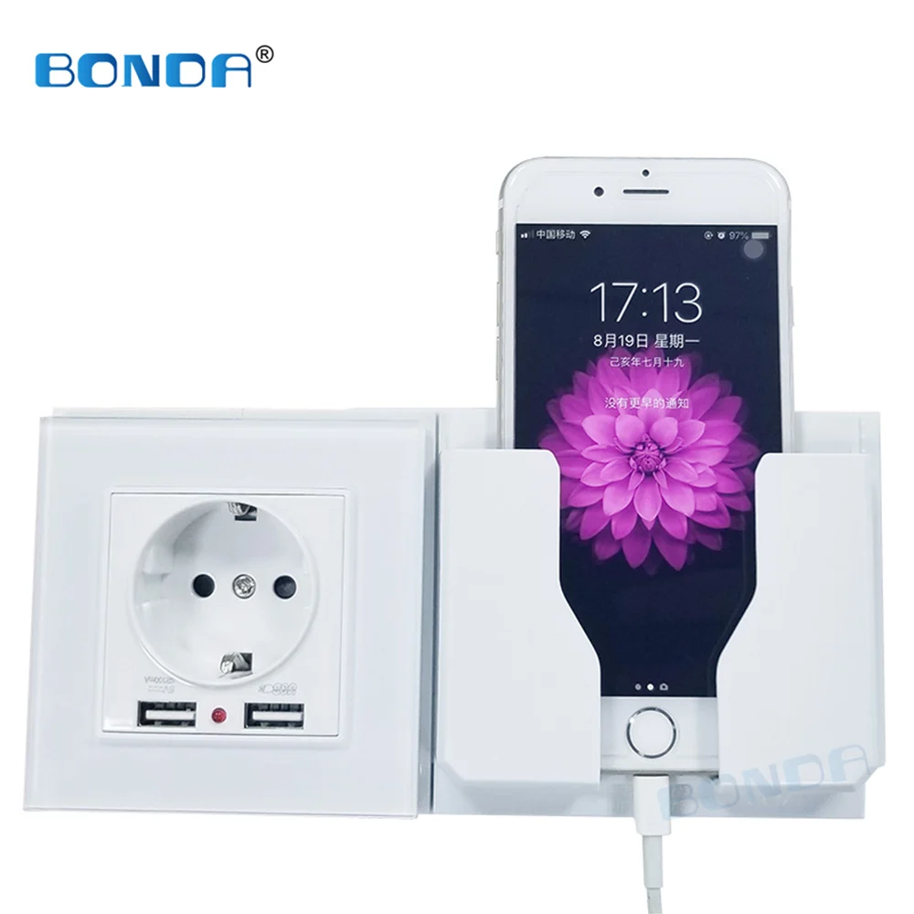Электрическая розетка BONDA EUwall с usb разъемом Стеклянная Двойная настенная 16 А 2100