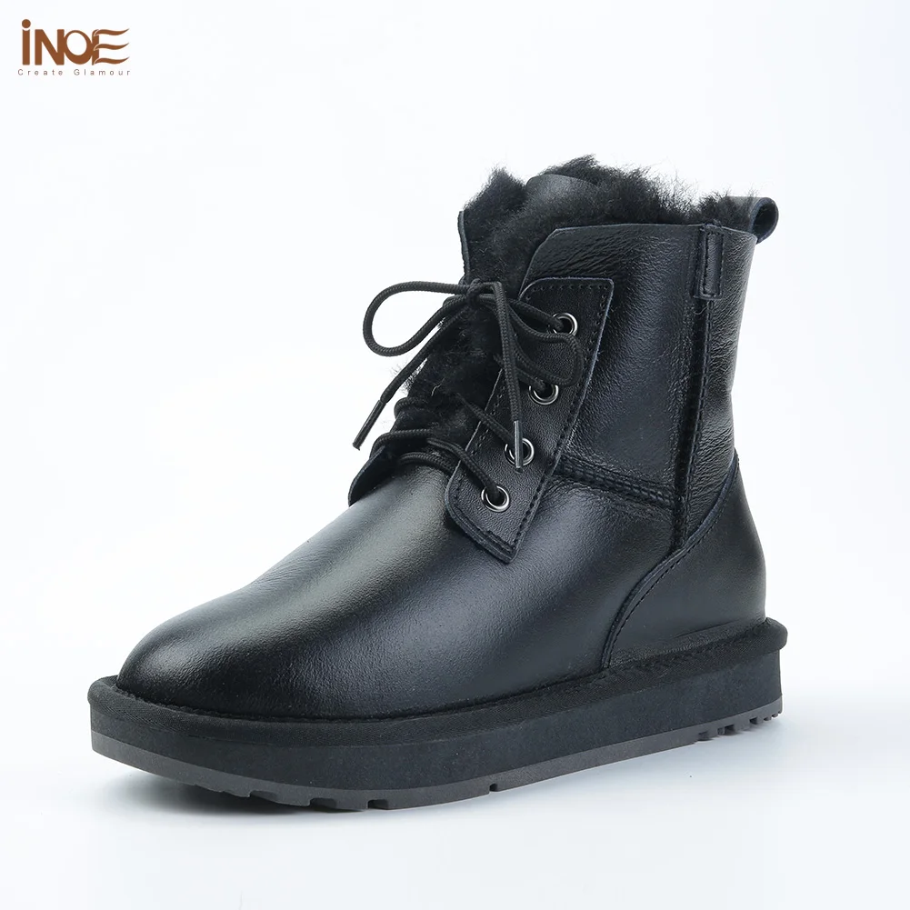 

INOE genuine sheepskin leather fur lined men ankle winter snow boots for man lace up casual winter shoes waterproof black 35-44