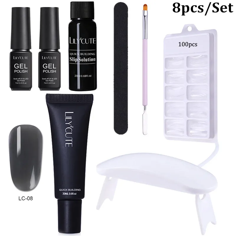 8pcs LC-08 LILYCUTE 20 мл Быстрый гель продлевающий половой акт поли гель для ногтей розовый белый металл с прозрачными кристаллами светодиодный акриловый строительный УФ-гель набор ногтей лампа набор - Цвет: 8pcs LC-08