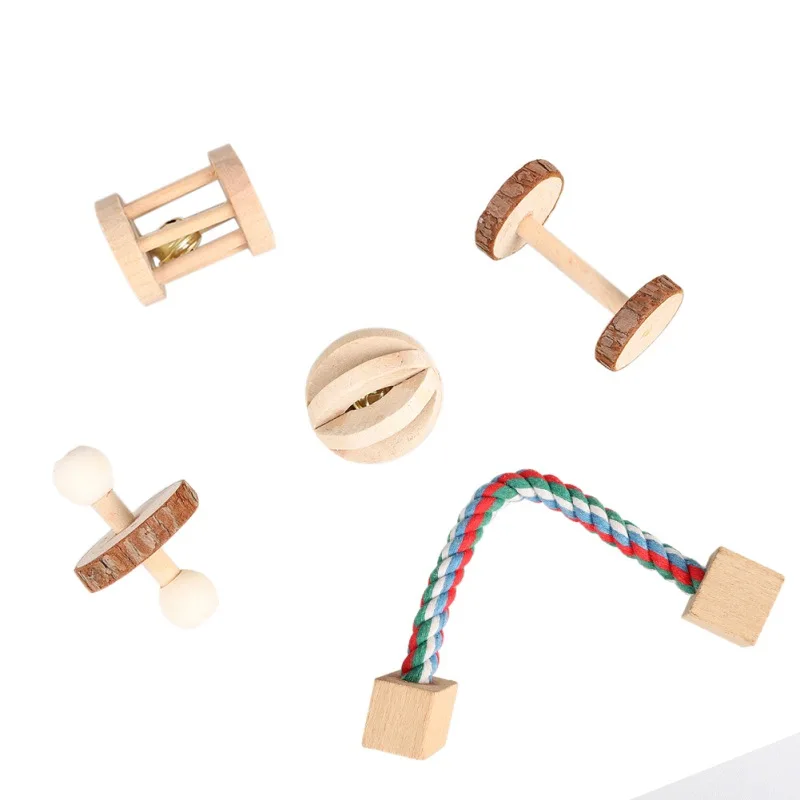 

s-Wooden Wood Chew Toys For Small Pet Pine Dumbbells Unicycle Bell Roller Toys For Guinea Rat Small Pet Molars Supplies