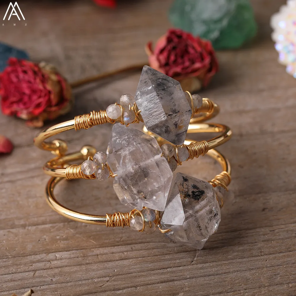 Золотая медная проволока обернутая необработанными алмазами Herkimer кварцевые