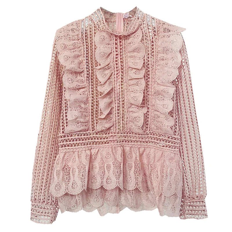Элегантная кружевная блузка с баской Женская белая оборками и длинным рукавом