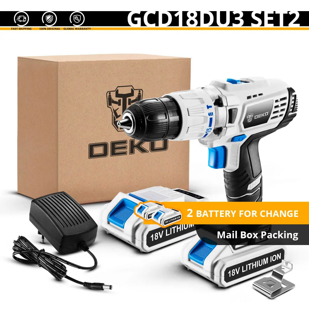 DEKO GCD18DU3 DC 18 в электрическая отвертка аккумуляторная дрель ударная мощность Драйвер литиевая батарея 13 мм 50Н. М 2 скорости для деревообработки - Цвет: SET 2