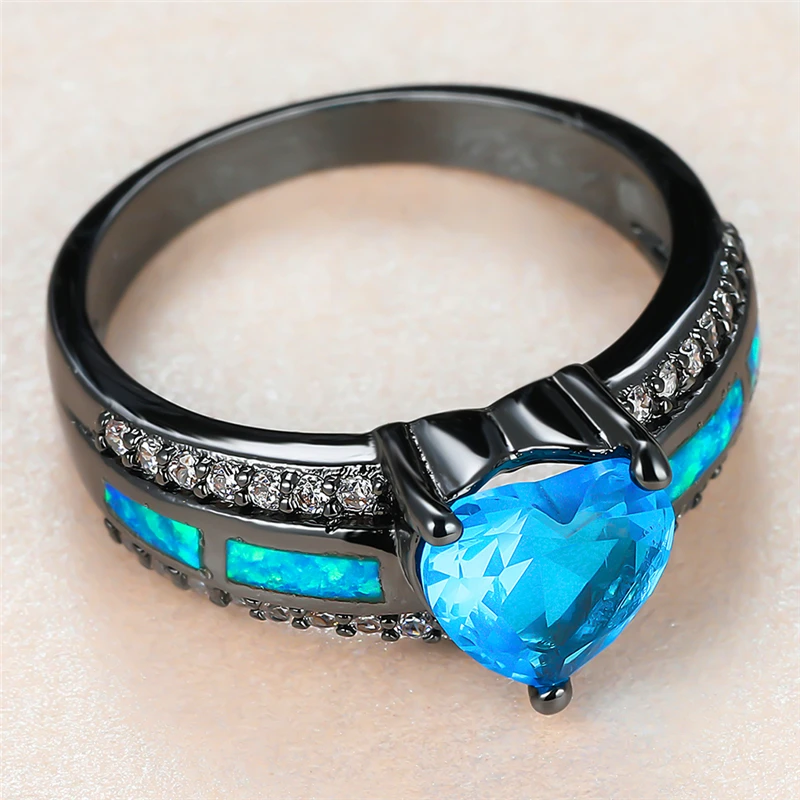 

Classic Female Blue Heart Crystal Ring Charm 14KT Black Gold Wedding Rings For Women Cute Bride Opal Stone Engagement Ring