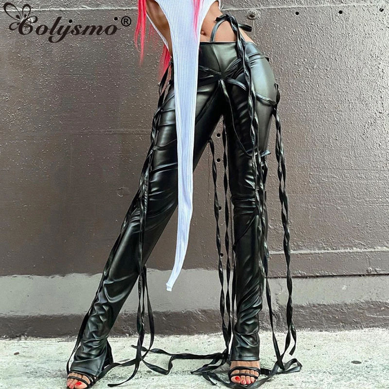 

Colysmo PU Faux Leather Pants Tassel Patchwork Split Trousers Solid Color Straight High Waist Pants Fall Women Hip Hop Outfits