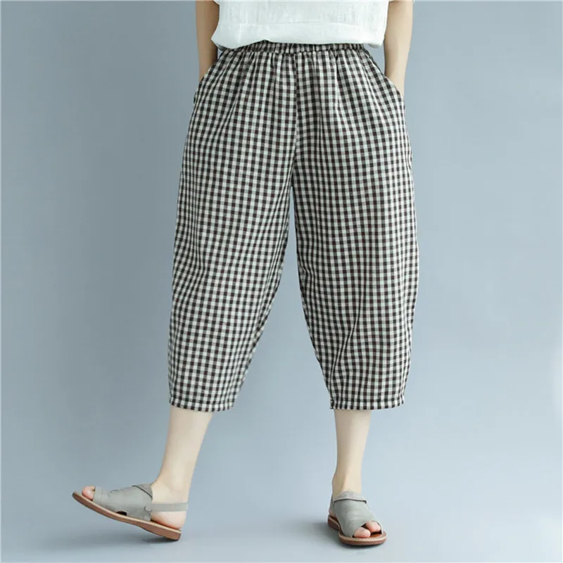

Johnature 2021 Summer Casual Plaid Harem Pants New Korean Simple Elastic Waist Pockets Loose Calf Length Women Pants