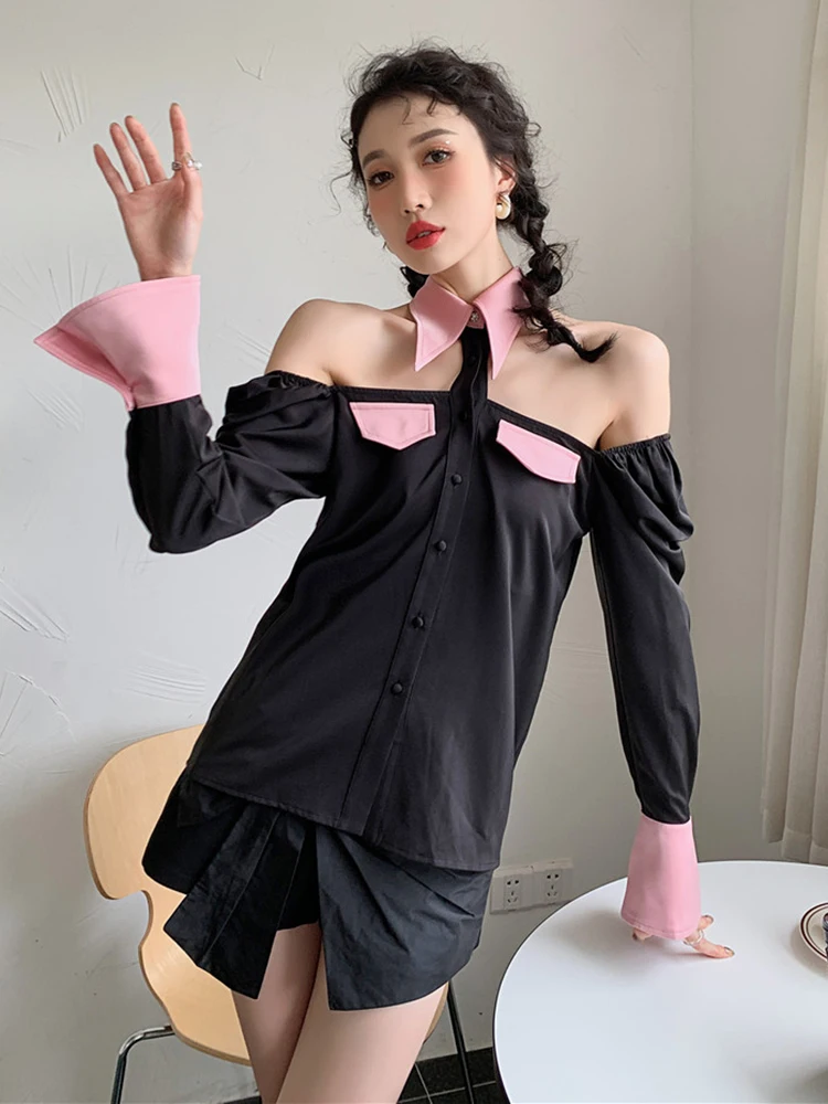 

LANMREM Women's New Off Shoulder Pink Black Color Stitching Flare Sleeves Shirts Female 2021 Autumn Fashion Sweet Top 2D7016