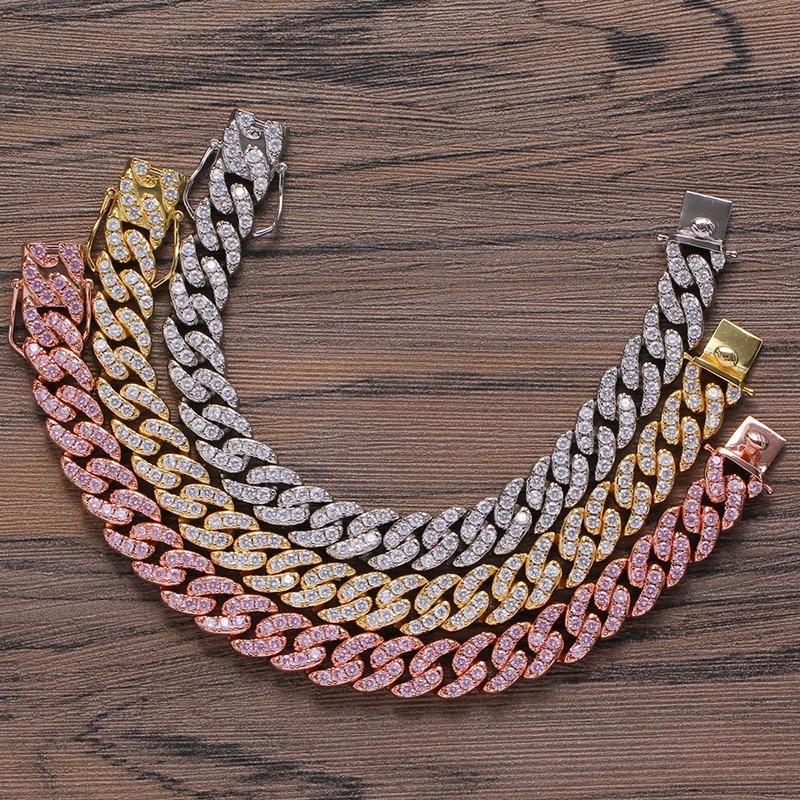 

12mm 7"-20" HIP Hop Prong Setting Cubic Zirconia Bling Iced Out Round Cuban Link Chain Bracelets Bangle for Men Rapper Jewelry