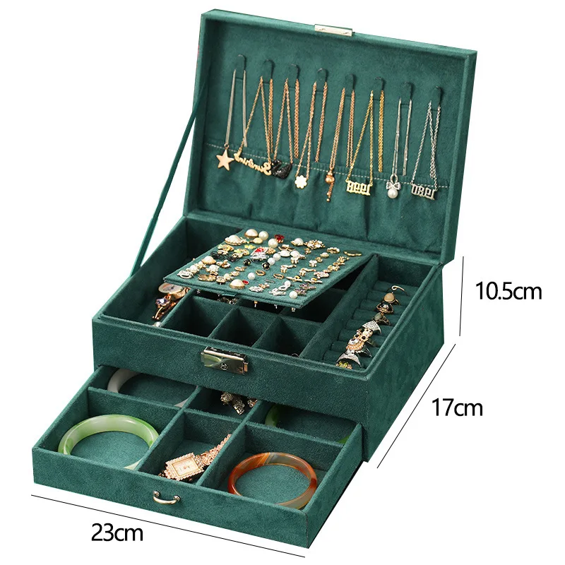

Large Capacity 3layer Green Flannel Stud Jewelry Organizer Necklace Earring Ring Storage Holder Case Velvet Jewelry Makeup Box