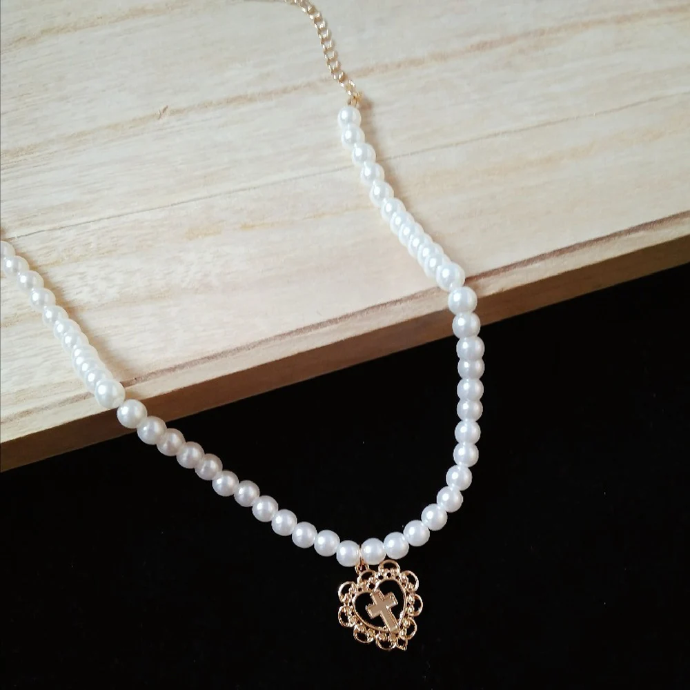 

Vintage Style Simple Pearl Chain Choker Necklace For Women Wedding Love Cross Pendant Necklace Fashion Jewelry Wholesale Gifts
