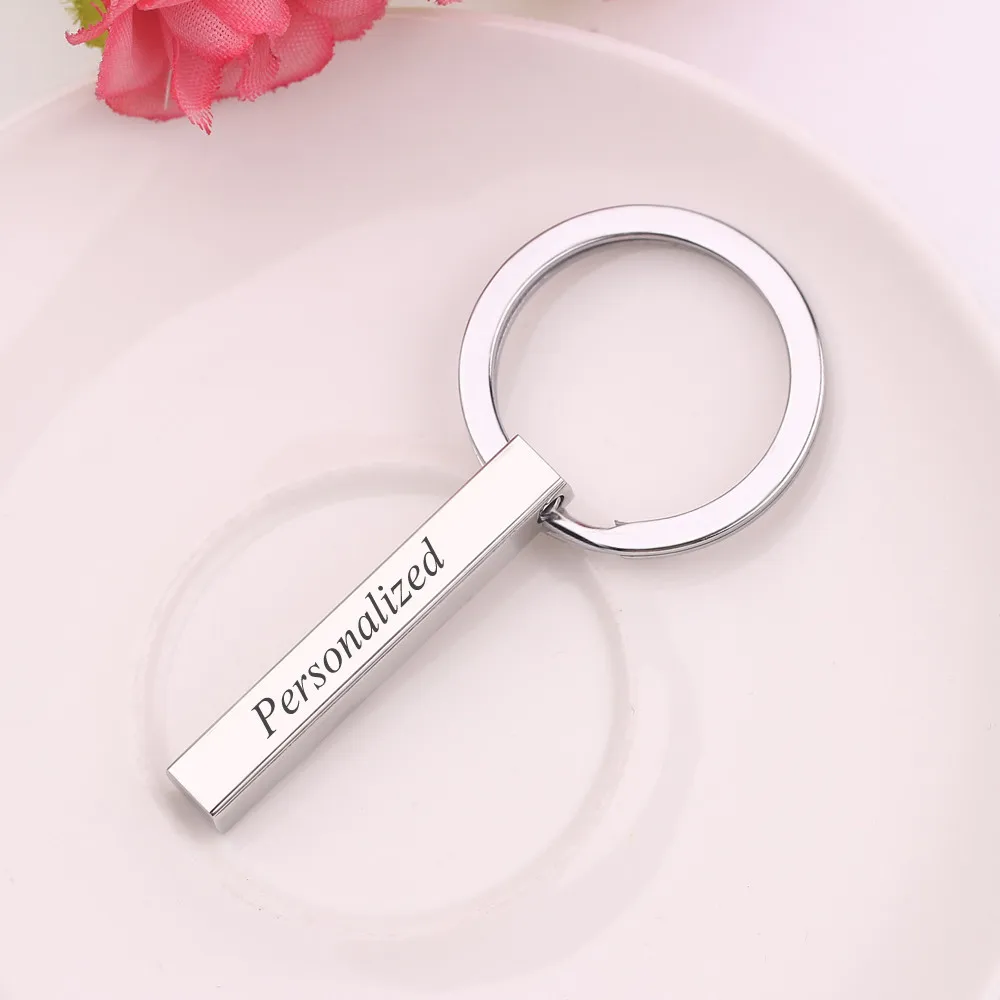 silver keychain Заказное ожерелье, четыре стороны, гравировка, персонализированный квадратный 3D бар, заказное имя, ожерелье из нержавеющей стали, кулон для женщин/мужчин, подарки - Окраска металла: silver keychain