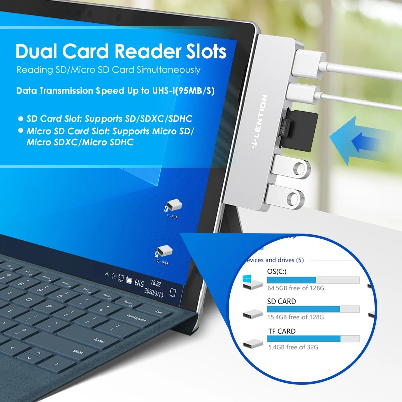 Lention USB 3.0 HUB Multi to USB3.0 Port HDMI SD/TF Docking Station for Microsoft Surface Pro 7 Splitter Adapter PD Charge | Компьютеры и