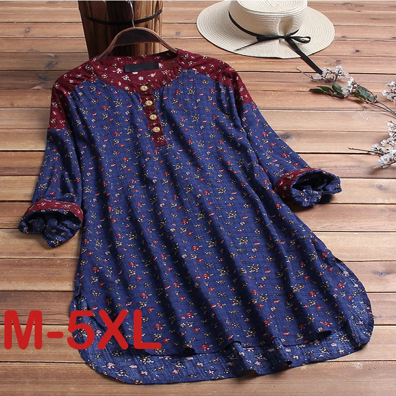 

Plus Szie M-5XL Spring Women Blouse Print Loose Casual Big Size Fat MM Stand Collar Blouses Long Sleeve Button Top Tees
