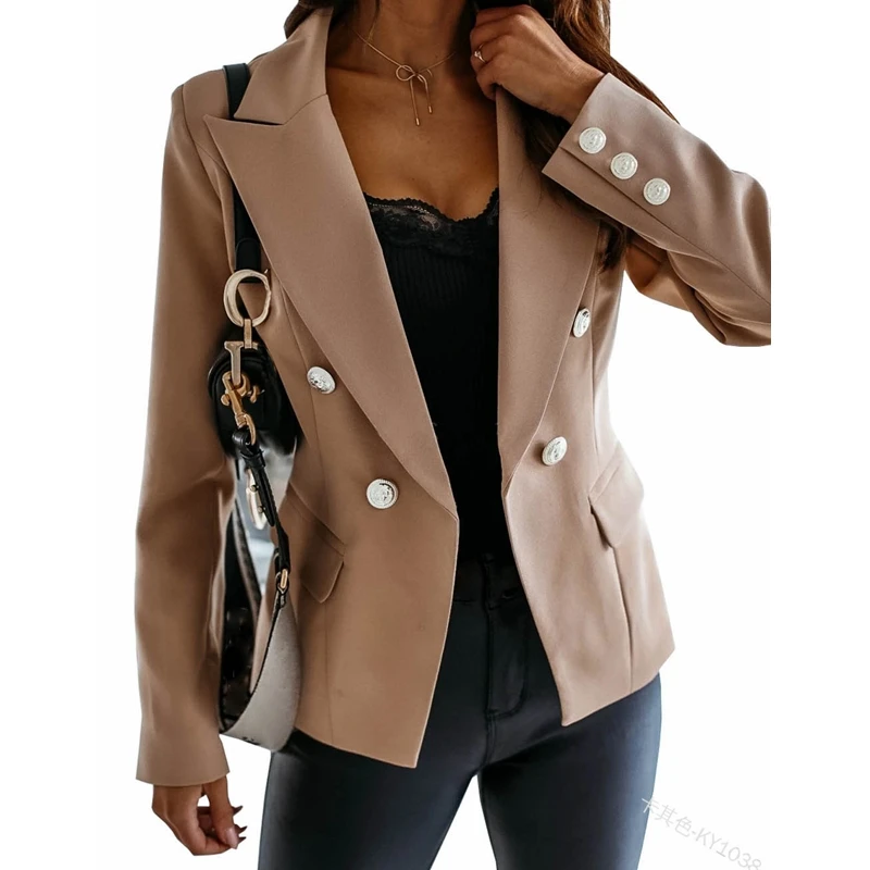 

WEPBEL Double Breasted Blazers Jacket Women's Casual Solid Color Slim Jacket Spring Autumn Turn-down Collar Blazers Jacket