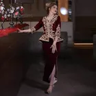 Бордовый Русалка Karakou алжирский вечерние платья одежда с длинным рукавом, куртка, юбка, бархатное платье для выпускного вечера с кружевной аппликацией вечерние платья 2021