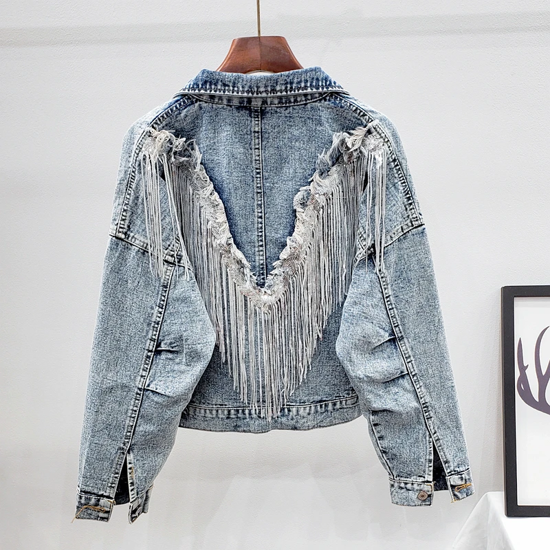 

Denim Jacket Female Vintage Sequins Tassel Coat Single-Breasted Women Jeans Coat Streetwear 2021 Autumn Fashion New Clothing