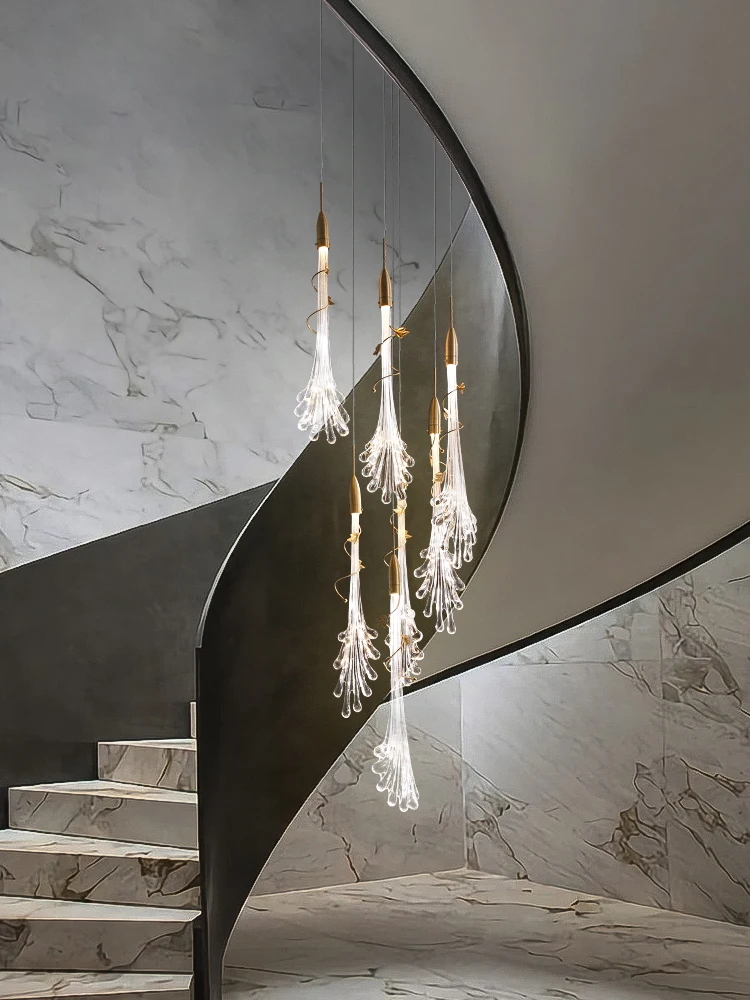 売る ライトの高級ガラスロングシャンデリアポスト近代的なミニマリストのヴィラデュプレックススパイラル階段シャンデリアレストラン照明