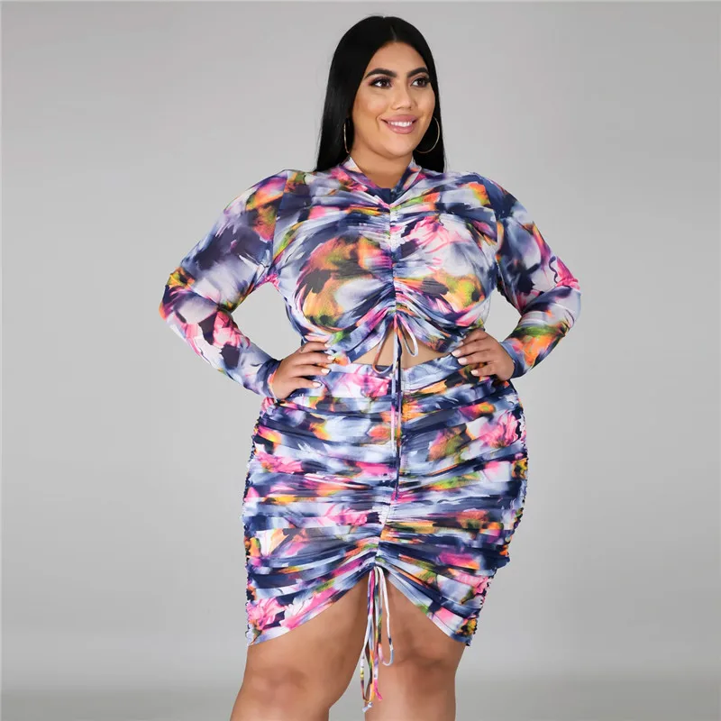 

Летний короткий топ с круглым вырезом и длинными рукавами с цветочным принтом и шорты, комплект из 2 предметов, Сексуальные облегающие Клубн...