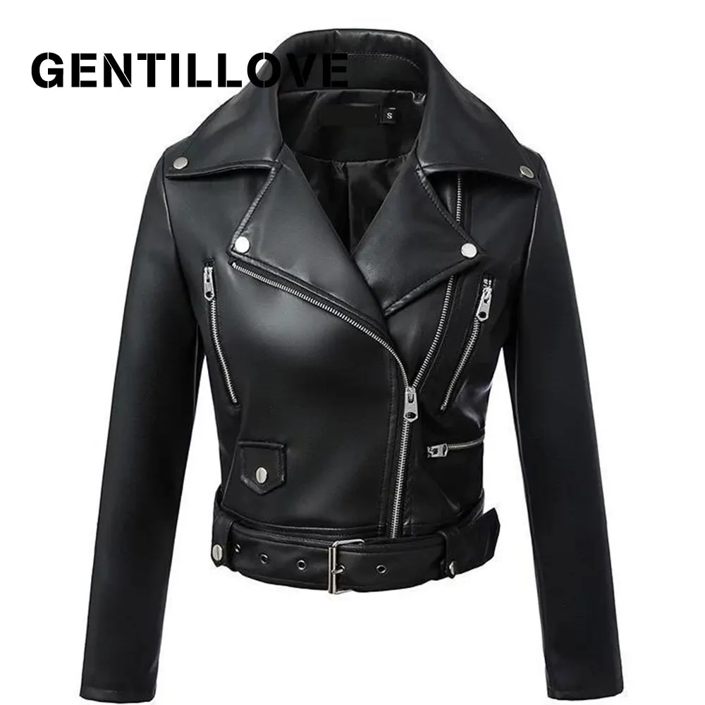 

Fashion Women Leather Jacket With Belt Zipper Solid Turn Down Collar Motorcycle Biker Coat Female Casual Streetwear Outerwear