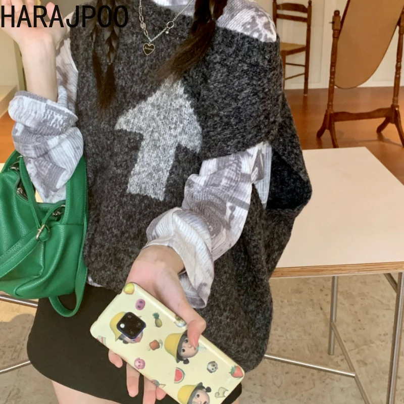 

Harajpoo Vests Women O Neck Sleeveless Arrow Printed Loose Knitted Sweater Y2k Aesthetic Vintage Tank Korean Fashion Casual Tops