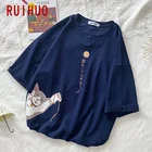 Футболка RUIHUO Plutus мужская с коротким рукавом, модная уличная одежда с изображением кота, одежда в стиле хип-хоп, японская искусственная кожа, 2022