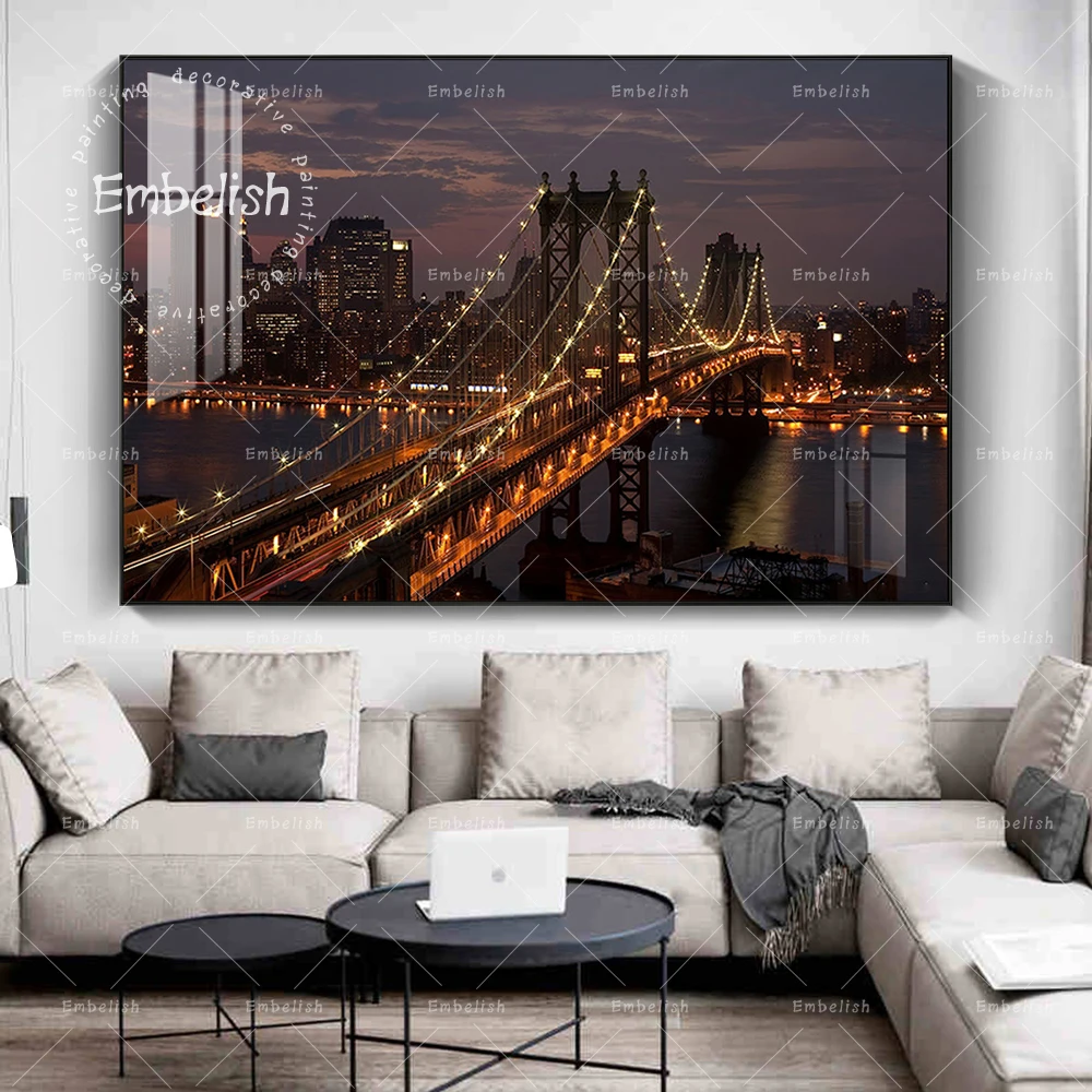 

Manhattan Bridge New York City Night Landscape HD Canvas Paintings For Living Room Home Decor Modular Pictures Poster