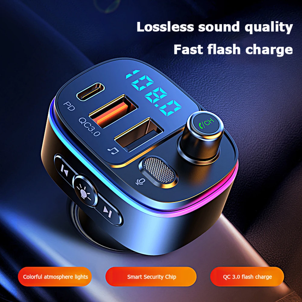 

2021 T65 Car 5.0 FM Transmitter 7-Color LED Backlit Wireless FM Radio Adapter MP3 Music Player Dual USB Car Charger