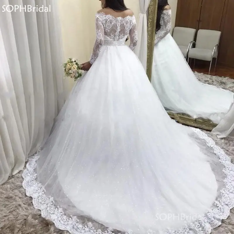 

Princess Wedding Dress Off The Shoulder Vestido de Noiva Lace Sequined Tulle Long Sleeves Wedding Gowns Crystal Belt Trouwjurk
