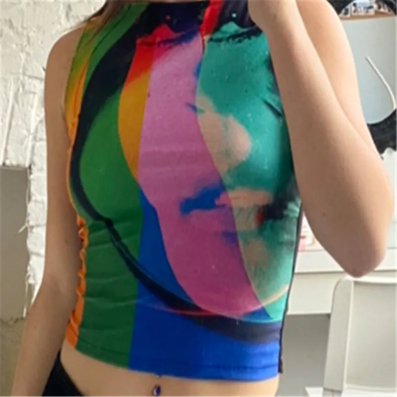 

Women’s Fashion Abstract Printed Camisole Y2k E-Girls 90s Crop Top Causal Round Neck Exposed Navel Sleeveless Tops