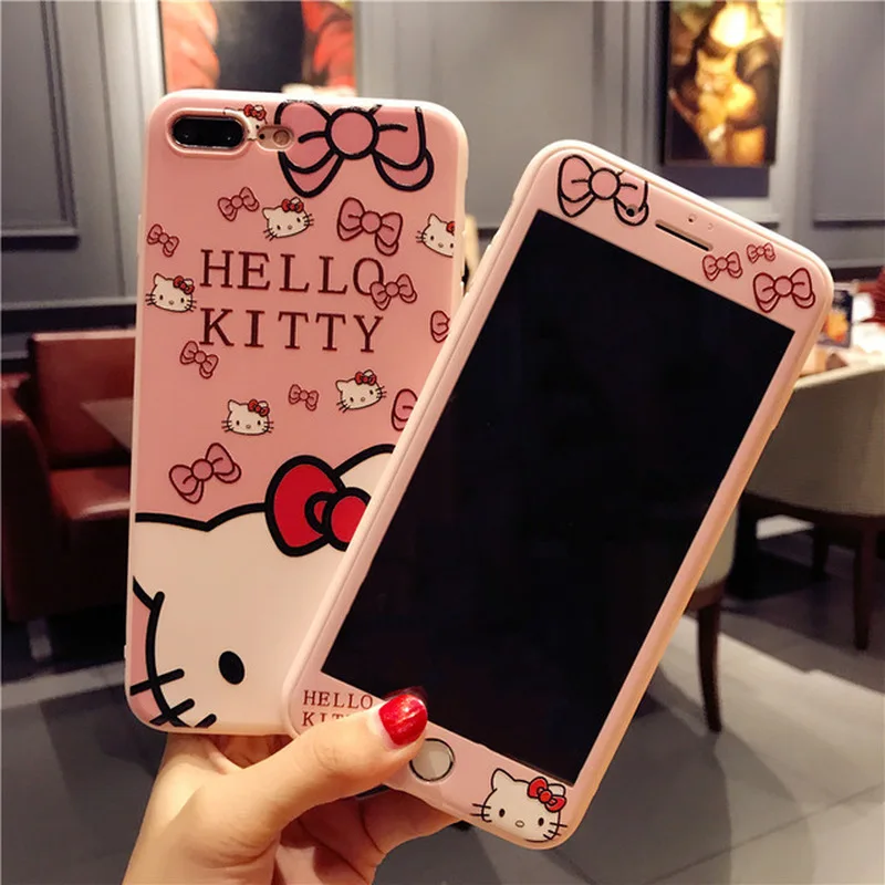 360 милый мягкий чехол с рисунком hello kitty Cat для IPhone XR XS Max X 10 8 7 6 6s Plus+ Передняя пленка из закаленного стекла