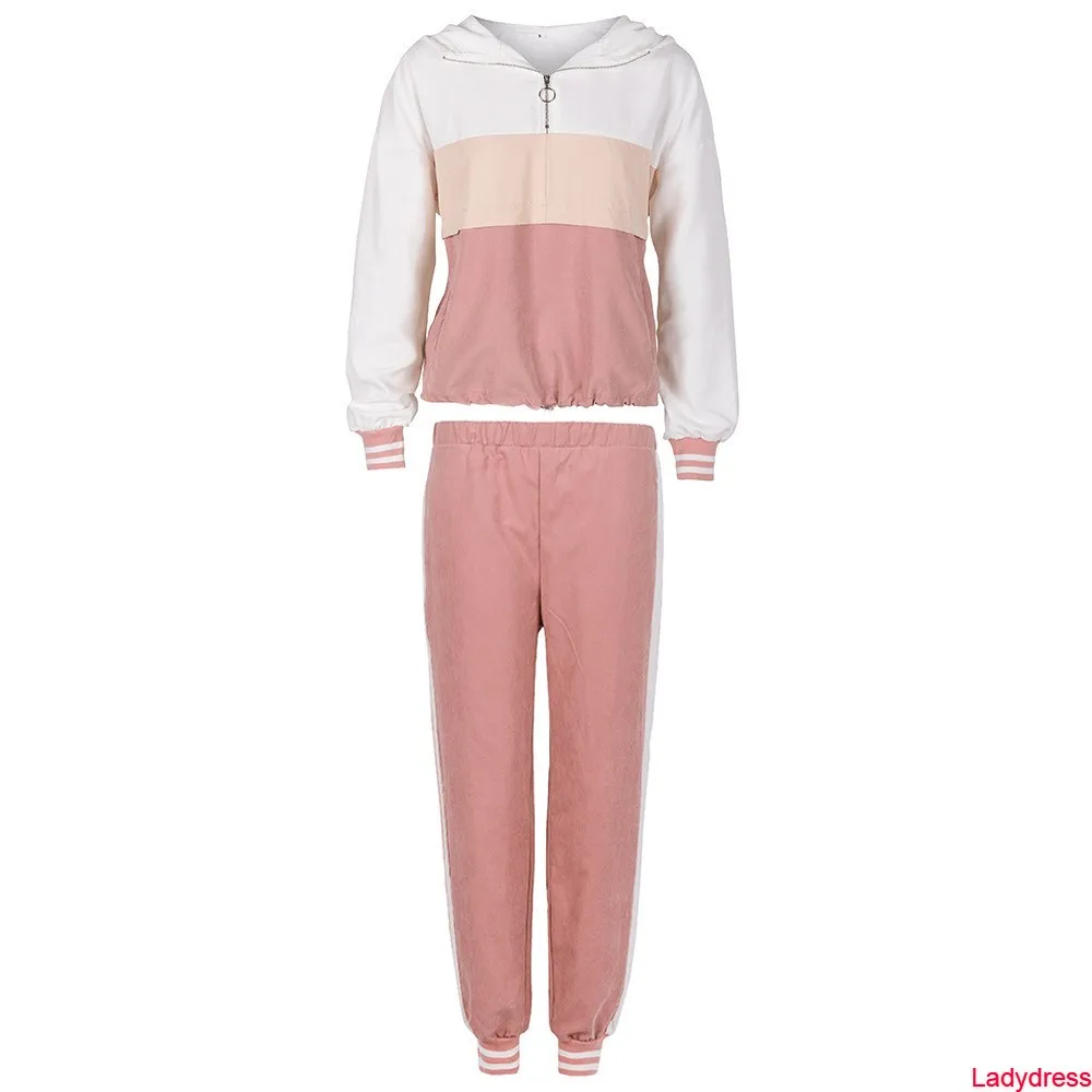 

2020 new Women Color Matching 2 Piece Sport Set Casual Long Sleeve Stripe Zipper Hooded Top+Long Pant Casual Loose Jogging Fall