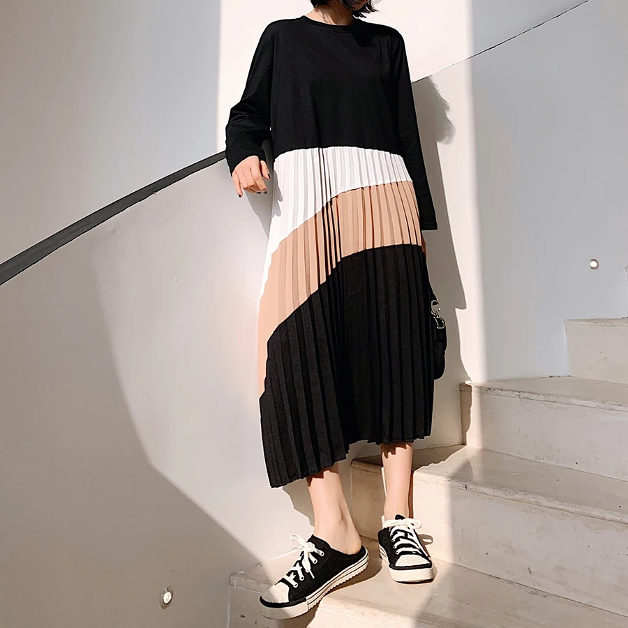 

Pleated Stripes Plus Size Dress Woman Vintage Stitching Crewneck Long Dresses Clothing Autumn 2020 Streetwear Women vestidos New
